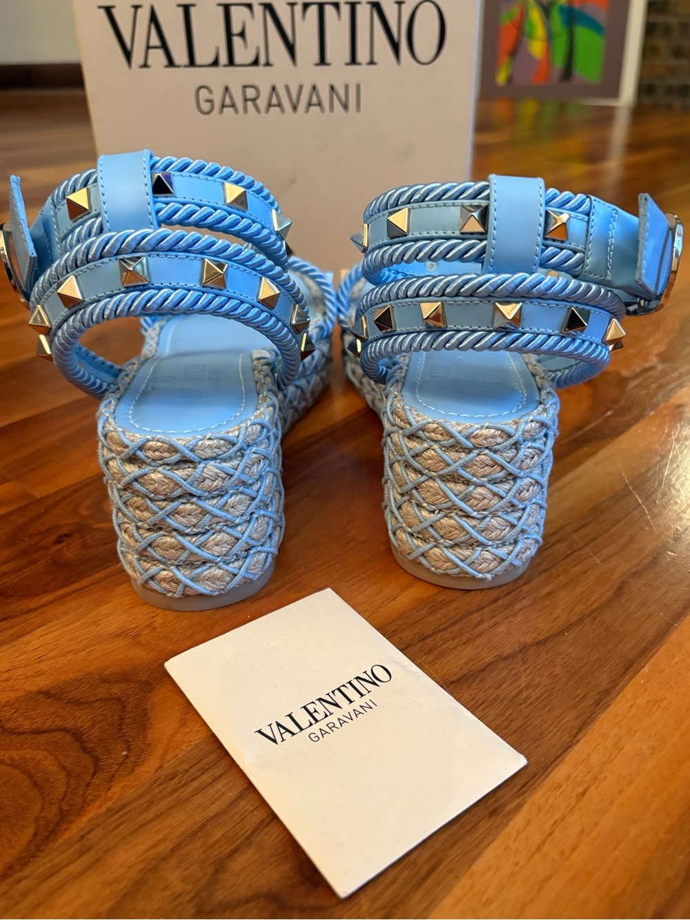 Valentino Garavani Rockstud Torchon Braided Espadrille Sandals, Powder Blue, NEW - Picture 12 of 15